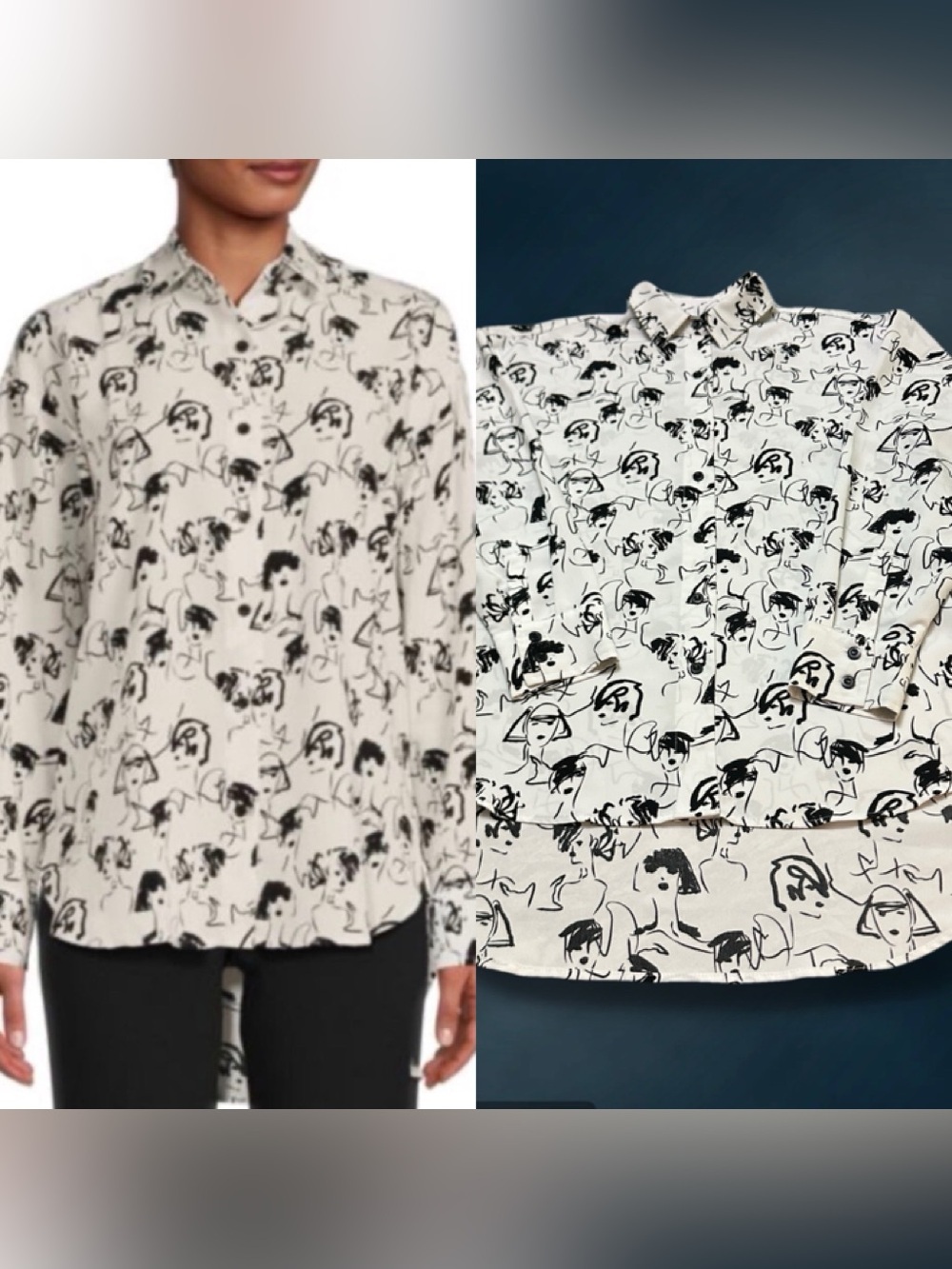 Karl Lagerfeld Black and White Abstract Sketch Button-Up Blouse XS